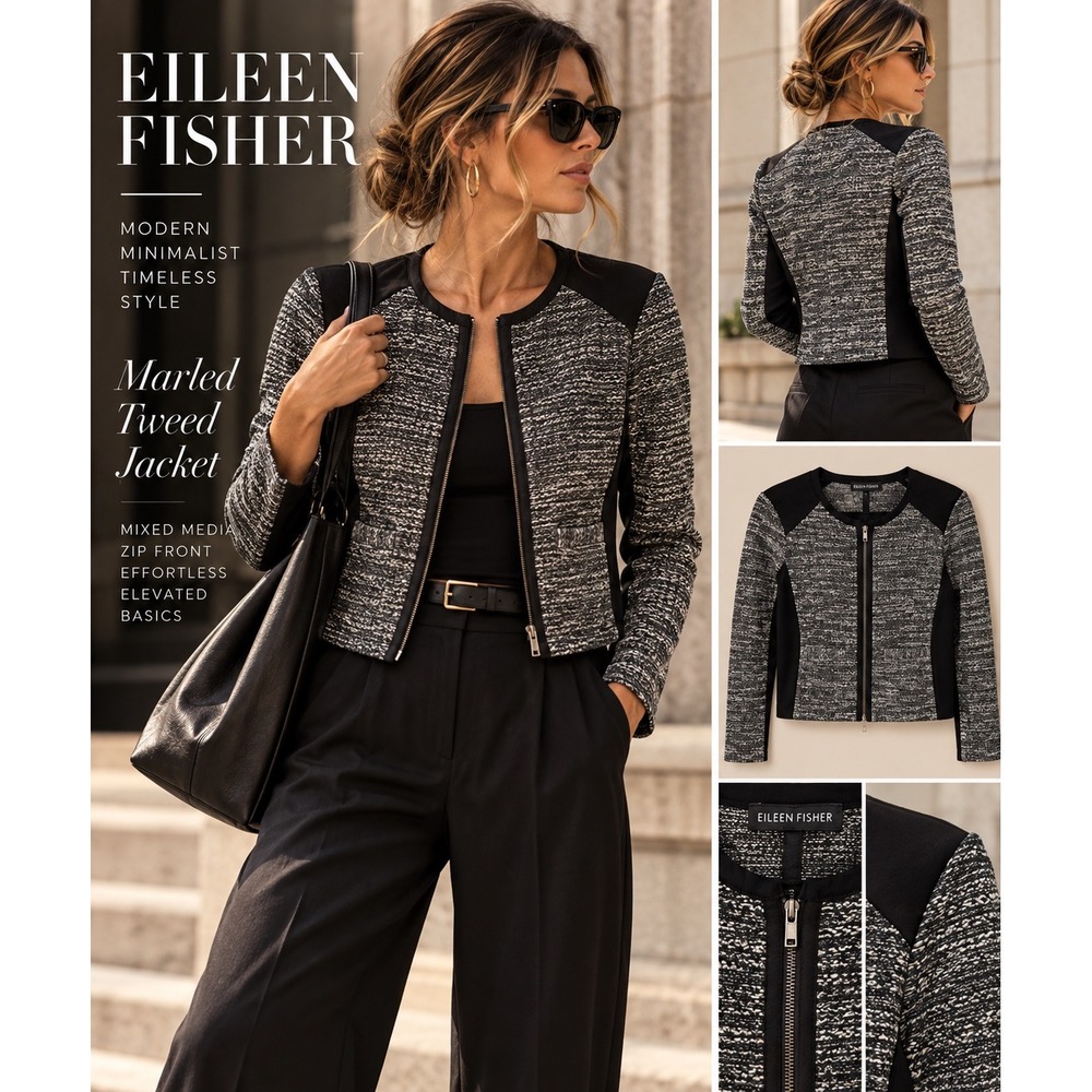 Eileen Fisher Marled Tweed Jacket S Dark Academia Quiet Luxury Zip Moto